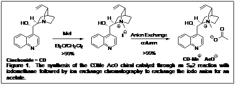 Text Box:    Figure 1.  The synthesis of the CDMe AcO chiral catalyst through an SN2 reaction with iodomethane followed by ion exchange chromatography to exchange the iodo anion for an acetate.  