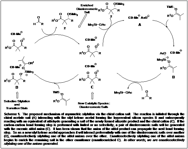 Text Box:    Scheme 2.  The proposed mechanism of asymmetric silylation via the chiral cation salt.  The reaction is initiated through the chiral acetate salt (A) interacting with the silyl ketene acetal forming the hypervalent silicon species B and subsequently reacting with an equivalent of aldehyde generating a salt of the newly formed alkoxide product and the chiral cation (C).  If the carbon-carbon bond forming step is performed with limited or no selectivity, a pair of diastereomeric salts will be generated with the racemic aldol anion (C).  It has been shown that the anion of the aldol product can propagate the next bond forming step.  So as a new silyl ketene acetal approaches it will interact preferentially with one of the diastereomeric salts over another (D), enantioselectively silylating one of the aldol anions over the other.  Enantioselectively silylating one of the aldol anions begins to enrich the remaining salt in the other enantiomer (enantioenriched C).  In other words, we are enantioselectively silylating one of the anions generated.    