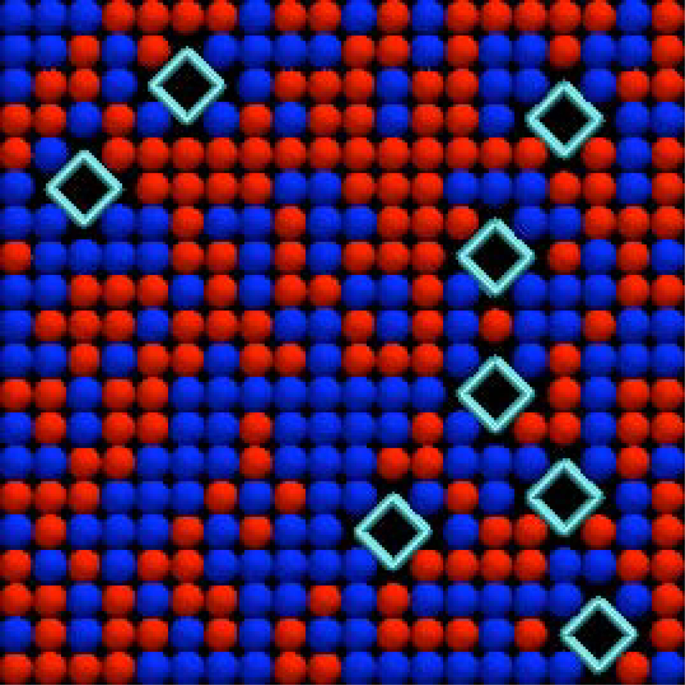 Text Box:                              Figure 1.  Ising model. Diamonds represent obstacles and blue and red squares the two lipid components A and B.   
