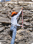Graduate student Yuxi (Ivy) Jin measuring section and taking samples from a road cut of Lamar Limestone