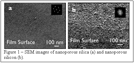 Text Box:
Figure 1  SEM images of nanoporous silica (a) and nanoporous silicon (b).
