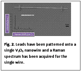 Text Box:
Fig. 2. Leads have been patterned onto a single V2O5 nanowire and a Raman spectrum has been acquired for the single wire.
