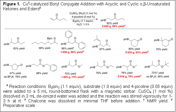 Figure 1. CuII-catalyzed Boryl Conjugate Addition with Acyclic and Cyclic α,β-Unsaturated Ketones and Estersa
a Reaction conditions: B2pin2 (1.1 equiv), substrate (1.0 equiv) and 4-picoline (0.05 equiv) were added to a 5 mL round-bottomed flask with a magnetic stirbar. CuSO4 (1 mol %) dissolved in 3 mL de-ionized water was added and the reaction was stirred vigorously for 1-3 h at rt. b Chalcone was dissolved in minimal THF before addition. c NMR yield. d Preparative scale.
