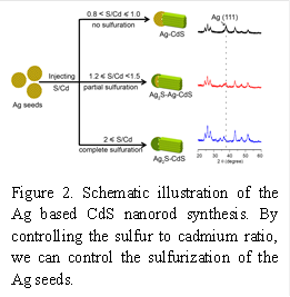 
Figure 2. Schematic illustration of the Ag based CdS nanorod synthesis. By controlling the sulfur to cadmium ratio, we can control the sulfurization of the Ag seeds.
