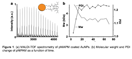 
Figure 3. (a) MALDI-TOF spectrometry of pNIAPM coated AuNPs. (b) Molecular weight and PDI change of pNIPAM as a function of time.