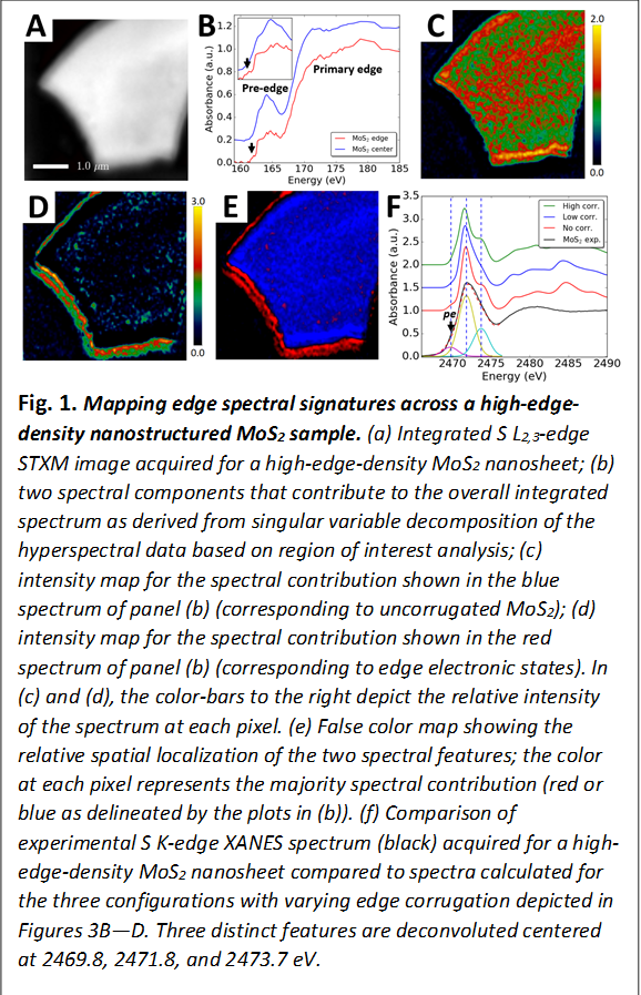 Fig. 1. Mapping edge spectral signatures across a high-edge-density nanostructured MoS2 sample. (a) Integrated S L2,3-edge STXM image acquired for a high-edge-density MoS2 nanosheet; (b) two spectral components that contribute to the overall integrated spectrum as derived from singular variable decomposition of the hyperspectral data based on region of interest analysis; (c) intensity map for the spectral contribution shown in the blue spectrum of panel (b) (corresponding to uncorrugated MoS2); (d) intensity map for the spectral contribution shown in the red spectrum of panel (b) (corresponding to edge electronic states). In (c) and (d), the color-bars to the right depict the relative intensity of the spectrum at each pixel. (e) False color map showing the relative spatial localization of the two spectral features; the color at each pixel represents the majority spectral contribution (red or blue as delineated by the plots in (b)). (f) Comparison of experimental S K-edge XANES spectrum (black) acquired for a high-edge-density MoS2 nanosheet compared to spectra calculated for the three configurations with varying edge corrugation depicted in Figures 3B—D. Three distinct features are deconvoluted centered at 2469.8, 2471.8, and 2473.7 eV. 