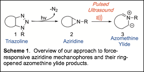 
Scheme 1. Overview of our approach to force-responsive aziridine mechanophores and their ring-opened azomethine ylide products.

