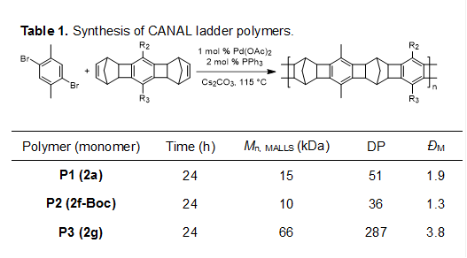 Table 1. Synthesis of CANAL ladder polymers.
Polymer (monomer)	Time (h)	Mn, MALLS (kDa)	DP	ĐM
P1 (2a)	24	15	51	1.9
P2 (2f-Boc)	24	10	36	1.3
P3 (2g)	24	66	287	3.8
