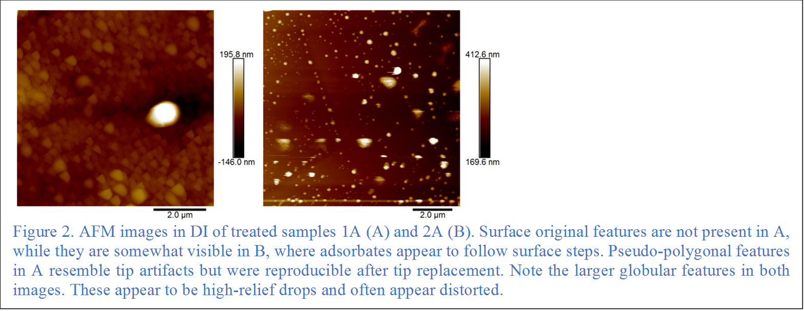 Figure 2. AFM images in DI of treated samples 1A (A) and 2A (B). Surface original features are not present in A, while they are somewhat visible in B, where adsorbates appear to follow surface steps. Pseudo-polygonal features in A resemble tip artifacts but were reproducible after tip replacement. Note the larger globular features in both images. These appear to be high-relief drops and often appear distorted.