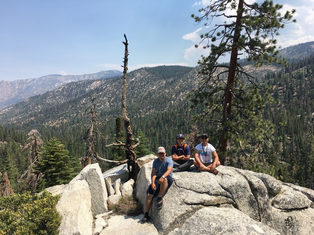 July 2017 undergraduate field crew on the Kern Plateau, southern Sierra Nevada (from left) Christian Concha, Rodrigo Aviles, Brian Magumcia
