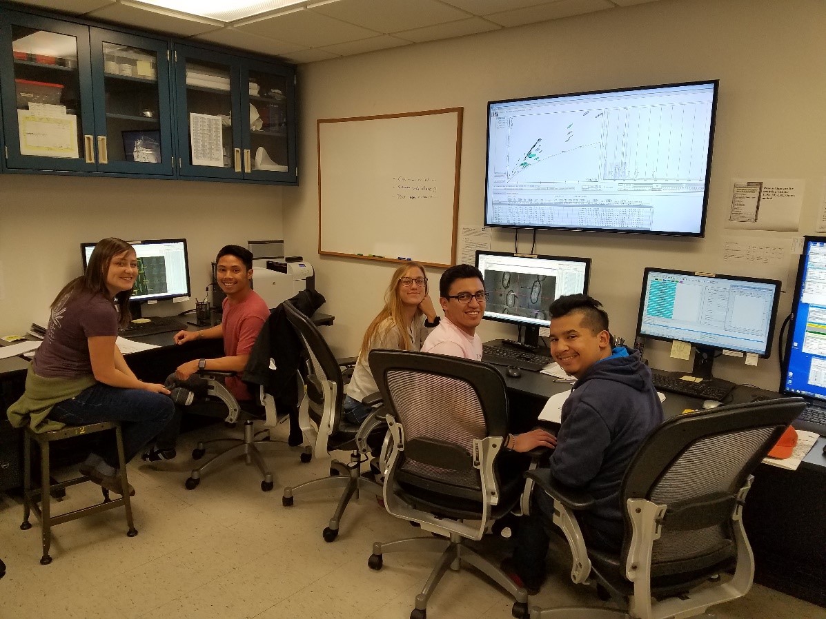 April 2018 CSUF students collecting U-Pb data at the Arizona Laserchron Center (left to right): Kalie Duccini, M.S., along with undergraduates Brian Magumcia, Erin Boeschart, Rodrigo Aviles, and Christian Concha.